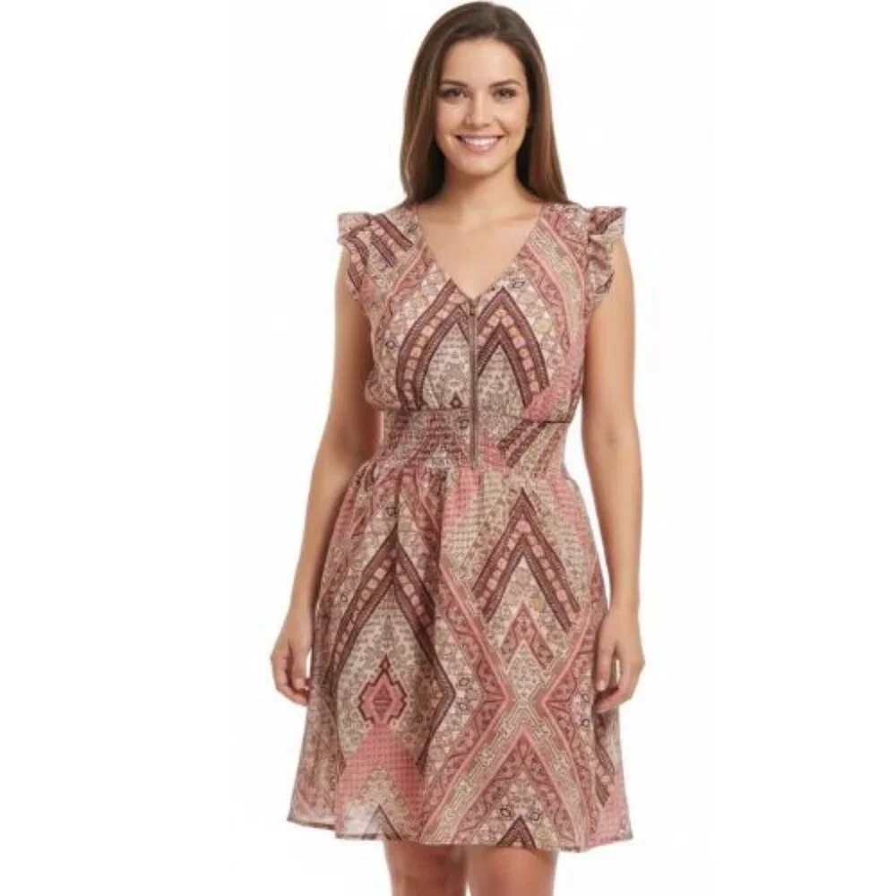 Exhilaration vintage feel pink, beige and brown light spring flattering Dress - Picture 1 of 15